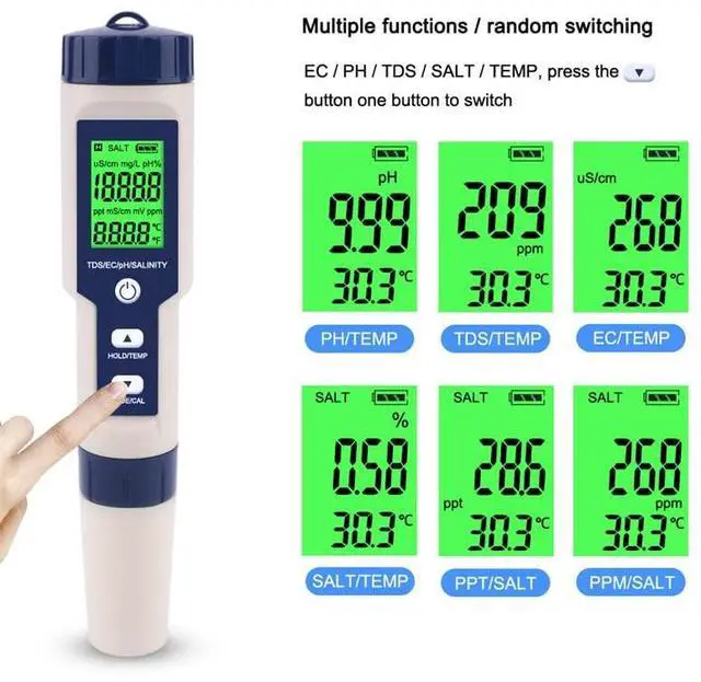Alt view image 6 of 7 - Pool Salt Tester & PH Meter, Hofun Digital Salinity Meter and PH Tester for Aquarium and Pool Saltwater Water, 5 in 1 Salinity PH Temp EC and TDS Meter, Aquarium Swimming Pool Hot Tub, High Accuracy