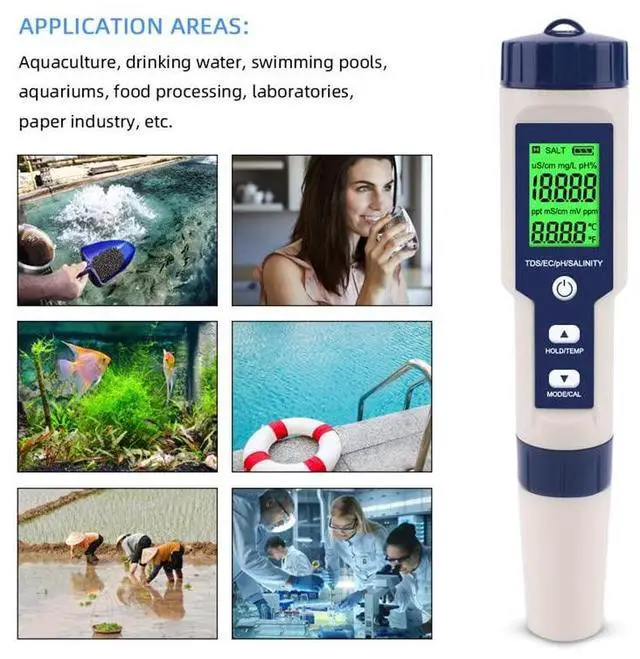 Alt view image 7 of 7 - Pool Salt Tester & PH Meter, Hofun Digital Salinity Meter and PH Tester for Aquarium and Pool Saltwater Water, 5 in 1 Salinity PH Temp EC and TDS Meter, Aquarium Swimming Pool Hot Tub, High Accuracy