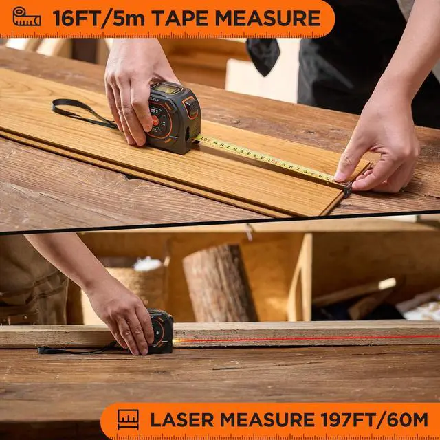 Alt view image 2 of 7 - Laser Tape Measure 2-in-1, 197Ft Laser Distance Meter & 16Ft Digital Tape Measure, with LCD Display, Pythagorean Mode, Area/Volume Calculation, USB-C Rechargeable for Woodworking and Construction