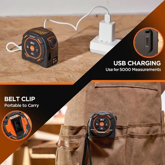 Alt view image 6 of 7 - Laser Tape Measure 2-in-1, 197Ft Laser Distance Meter & 16Ft Digital Tape Measure, with LCD Display, Pythagorean Mode, Area/Volume Calculation, USB-C Rechargeable for Woodworking and Construction