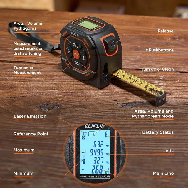 Alt view image 7 of 7 - Laser Tape Measure 2-in-1, 197Ft Laser Distance Meter & 16Ft Digital Tape Measure, with LCD Display, Pythagorean Mode, Area/Volume Calculation, USB-C Rechargeable for Woodworking and Construction