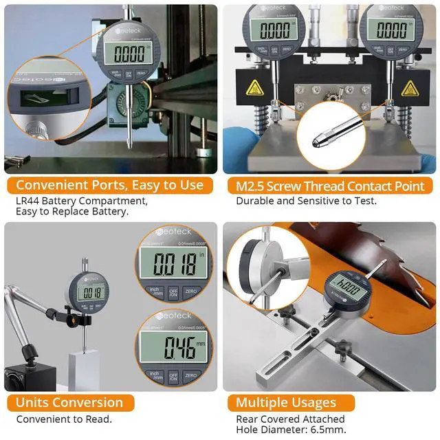 Alt view image 5 of 7 - Neoteck DTI Electronic Digital Dial Indicator 1 inch/25.4 mm | Digital Probe Indicator Dial Test Gauge High Resolution: 0.0005 inch/0.01mm - Silver Gray