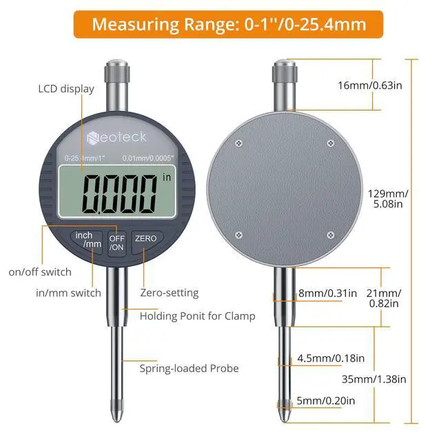 Alt view image 7 of 7 - Neoteck DTI Electronic Digital Dial Indicator 1 inch/25.4 mm | Digital Probe Indicator Dial Test Gauge High Resolution: 0.0005 inch/0.01mm - Silver Gray