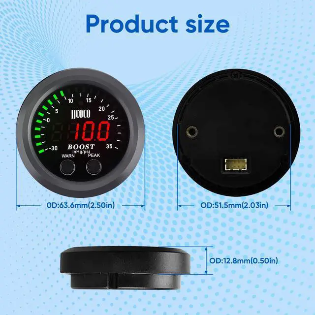 Alt view image 2 of 7 - ZHSYMX Universal Turbo Boost/Vacuum Gauge Kit Includes Electronic Pressure Sensor Red LED Light PSI Meter - for Car Truck - 2-1/16"