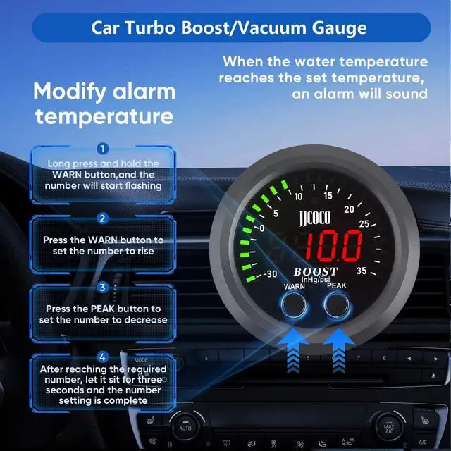 Alt view image 3 of 7 - ZHSYMX Universal Turbo Boost/Vacuum Gauge Kit Includes Electronic Pressure Sensor Red LED Light PSI Meter - for Car Truck - 2-1/16"