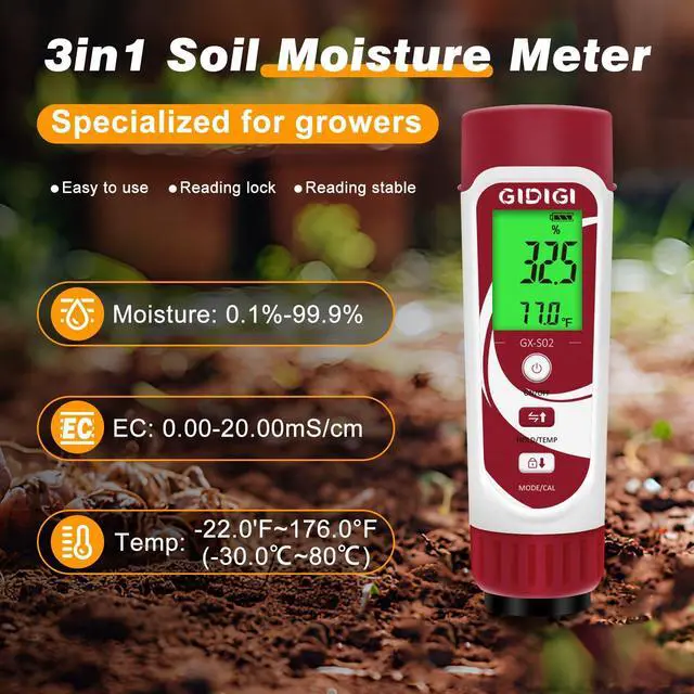 Alt view image 2 of 7 - GIDIGI Moisture Meter for Plants, 3 in 1 Digital Soil Moisture MeterSoil Moisture Meter and Soil EC Meter for Farms, Gardens, Orchards, Home Planting, Indoor Plants, Composting and Other Scenarios