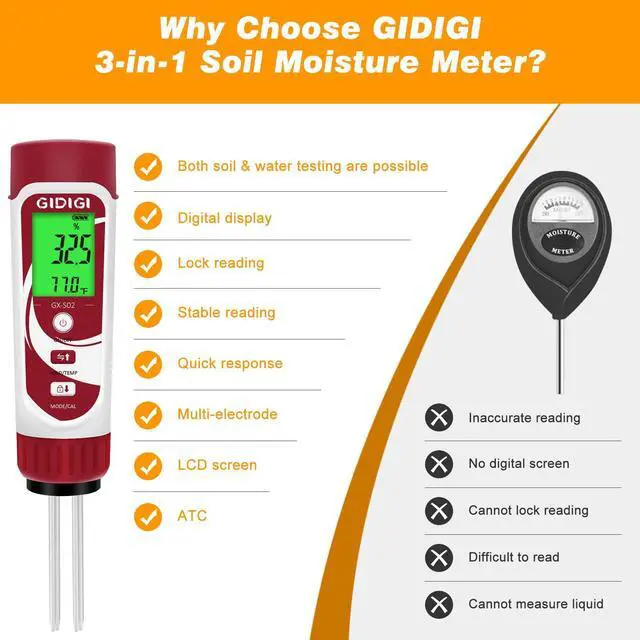 Alt view image 5 of 7 - GIDIGI Moisture Meter for Plants, 3 in 1 Digital Soil Moisture MeterSoil Moisture Meter and Soil EC Meter for Farms, Gardens, Orchards, Home Planting, Indoor Plants, Composting and Other Scenarios