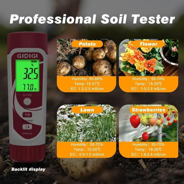 Alt view image 6 of 7 - GIDIGI Moisture Meter for Plants, 3 in 1 Digital Soil Moisture MeterSoil Moisture Meter and Soil EC Meter for Farms, Gardens, Orchards, Home Planting, Indoor Plants, Composting and Other Scenarios