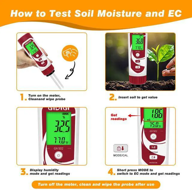 Alt view image 7 of 7 - GIDIGI Moisture Meter for Plants, 3 in 1 Digital Soil Moisture MeterSoil Moisture Meter and Soil EC Meter for Farms, Gardens, Orchards, Home Planting, Indoor Plants, Composting and Other Scenarios
