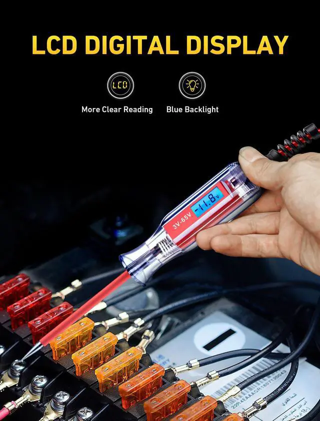 Alt view image 2 of 7 - Heavy Duty 3-65V Backlit Digital LCD Circuit Tester, Test Light with 140 Inch Extended Spring Wire, Car Truck Low Voltage & Light Tester with Stainless Probe