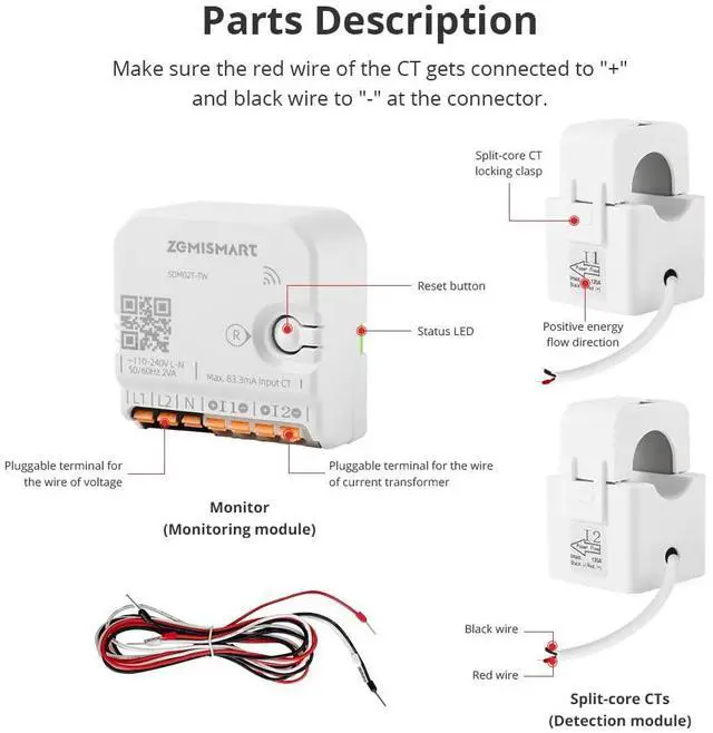 Alt view image 6 of 7 - Smart Home Energy Monitor with 2 x 120A CTs, Live Electricity Usage Tracking, Bi-Directional Power Tracking, Supports Single-Phase 3-Wire System, 2.4GHz Wi-Fi (WiFi Version)