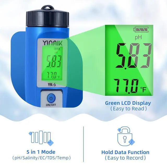 Alt view image 3 of 6 - YINMIK pH Salt Meter 5 in 1 pH TDS EC Salinity Tester for Pool Spa Aquarium Hydroponic Saltwater Digital pH and PPM Tester for Household Drinking Water Hot Tub Home Brewing Fish Tank