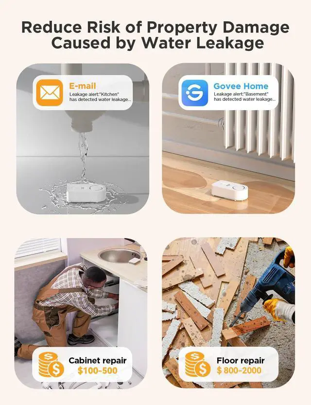 Alt view image 6 of 7 - Govee WiFi Water Sensor 2 Pack, Smart Water Leak Detector, 100dB Adjustable Alarm Suit for Home and Basement, Water Leak Alert with Email & APP Push (Only Support 2.4G Wi-Fi)