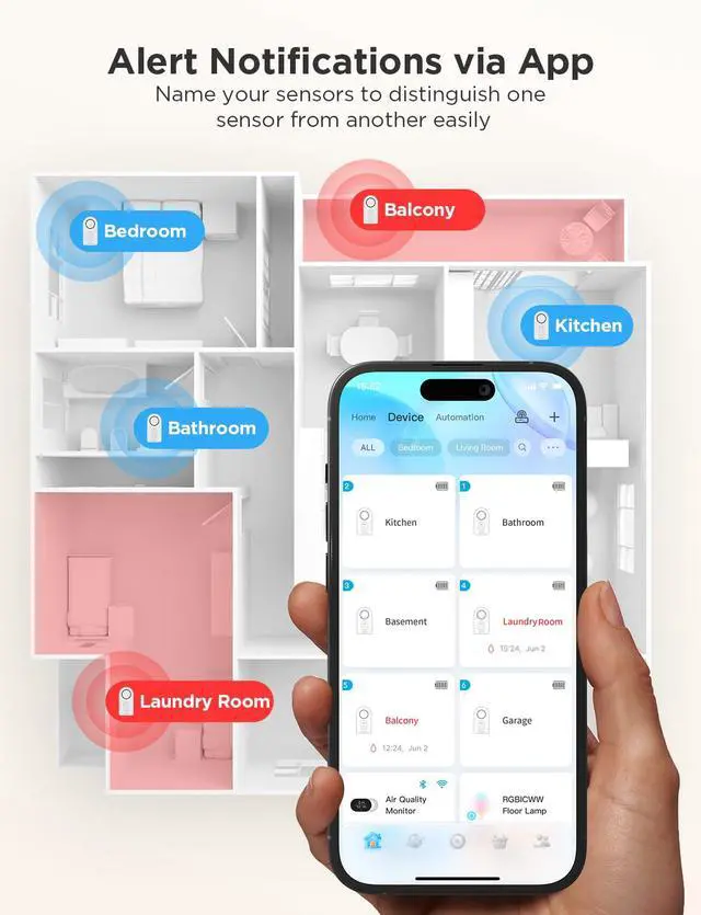 Alt view image 4 of 7 - Govee WiFi Water Sensor 2 Pack, Smart Water Leak Detector, 100dB Adjustable Alarm Suit for Home and Basement, Water Leak Alert with Email & APP Push (Only Support 2.4G Wi-Fi)