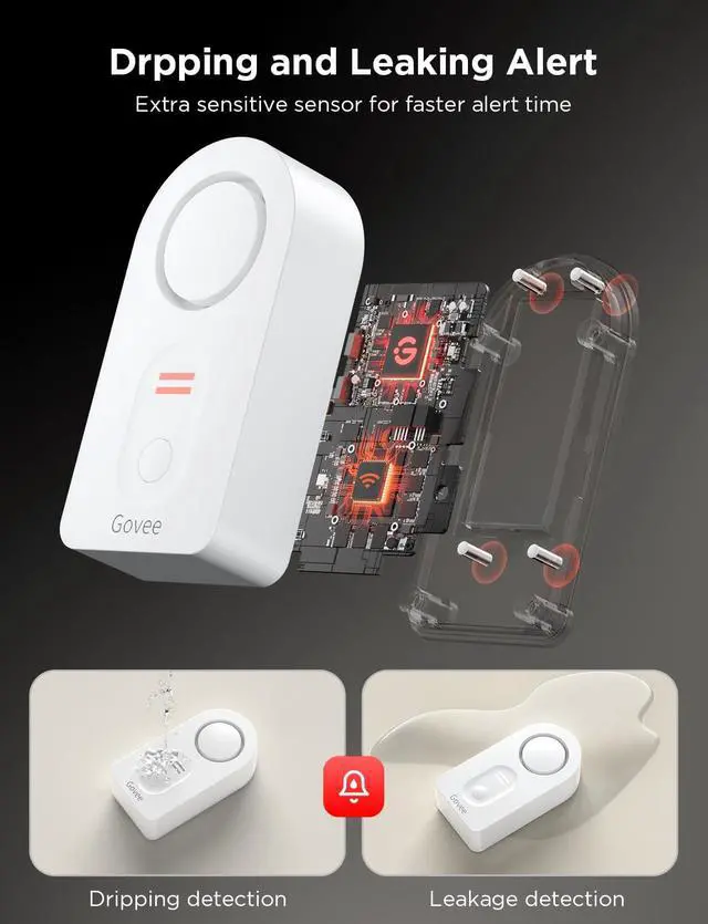 Alt view image 5 of 7 - Govee WiFi Water Sensor 2 Pack, Smart Water Leak Detector, 100dB Adjustable Alarm Suit for Home and Basement, Water Leak Alert with Email & APP Push (Only Support 2.4G Wi-Fi)