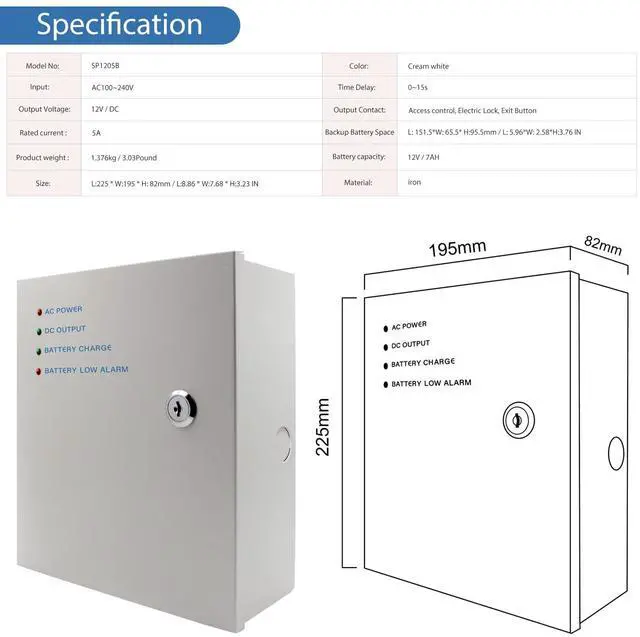 Alt view image 5 of 7 - Power Supply Control AC 110-240V to DC 12V 5A Metal Boxed Cabinet Regulated UPS Power Supply Unit with Backup Battery Link for Door Access Entry System (Battery Not Included) (SP1205B DC12V / 5A )
