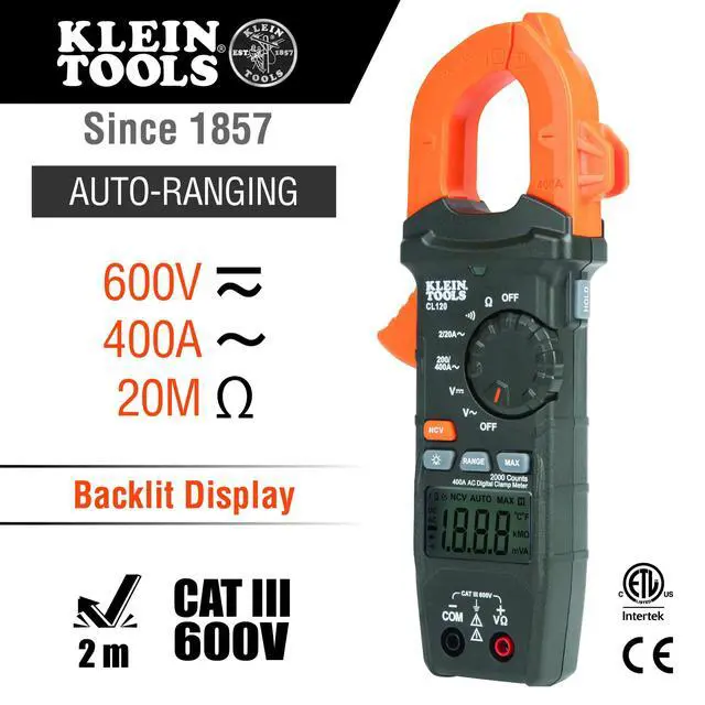 Alt view image 2 of 7 - Klein Tools CL120 Digital Clamp Meter, Auto-Ranging 400 Amp AC, AC/DC Voltage, Resistance, Continuity, Non-Contact Voltage Tester Detection
