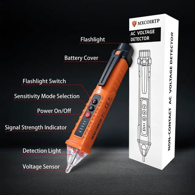 Alt view image 2 of 7 - MXCOIRTP Voltage Tester, Non-Contact Voltage Detector, Electrical Tester, 3 Ranges AC 12V/48V/70V-1000V, Live/Null Wire Tester with Buzzer Alarm and Flashlight, Wire Breakpoint Finder - Orange
