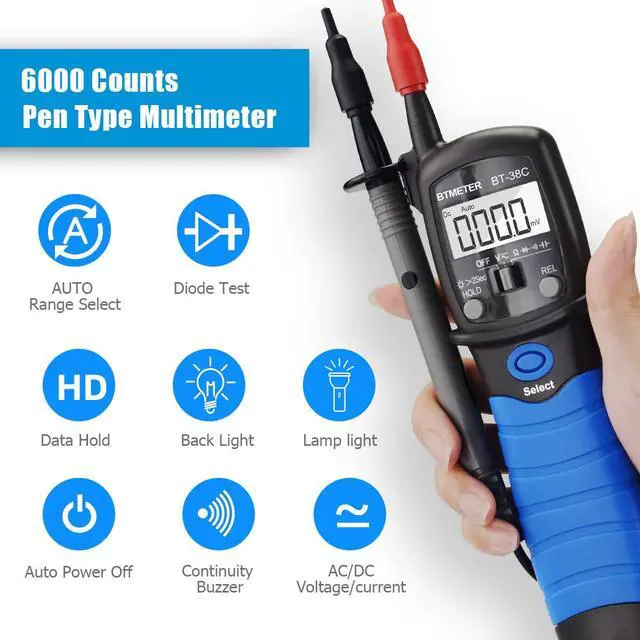 Alt view image 2 of 7 - Pen Type Digital Multimeter - BTMETER BT-38C AC DC 600V High Voltage Tester, 60M Ohm Resistance Meter, with Capacitance Diode Test, Continuity Alarm, Backlit LCD Screen, Lamp Light