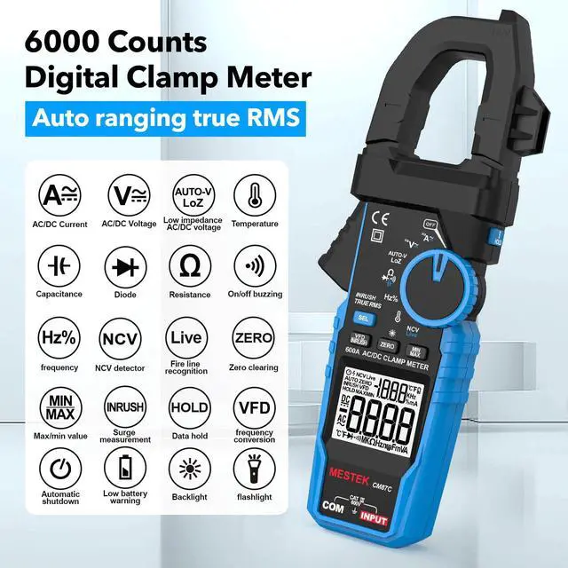 Alt view image 2 of 7 - Digital Inrush Clamp Meter Multimeter, MESTEK T-RMS 6000 Counts 600A Current Amp Volt Meter with VFD,LOZ Mode; Measures NCV AC/DC Current Voltage Temperature Resistance Capacitance Continuity