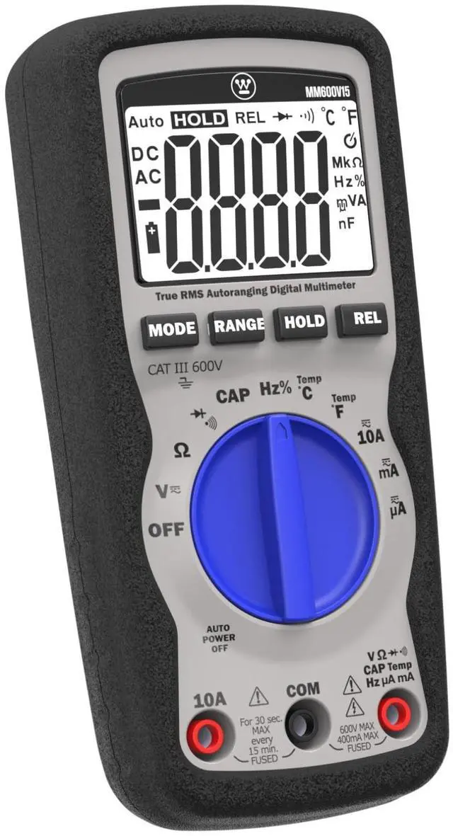 Main image of Westinghouse 600V True RMS Auto-Ranging Multimeter with Large Screen and Relative Mode; Measures Voltage Current Resistance Capacitance Frequency Temperature; Incl. Case and 2-Year Warranty.