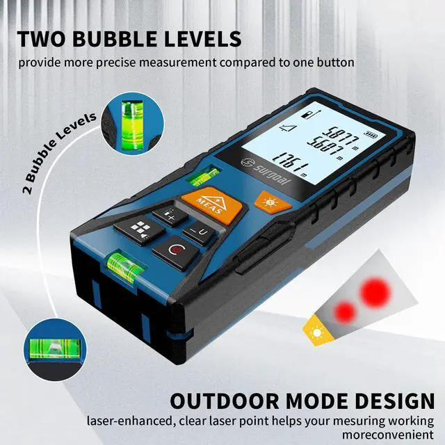 Alt view image 2 of 7 - Laser Distance Meter 196ft Digital Laser Measuring Tool with LCD Backlit Display, Area Volume Pythagorean, ±2mm Accuracy, Class II, Electronic Tape Measure for DIY Construction AAA Battery Powered