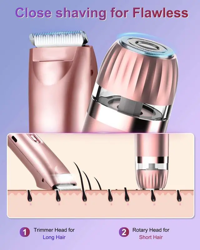Alt view image 3 of 7 - Bikini Trimmer for Women with LED Light, Dual Head Electric Razors for Women for Bikini Line, Face, Legs & Underarms, Waterproof Electric Shaver for Women, Rechargeable Grooming Trimmer