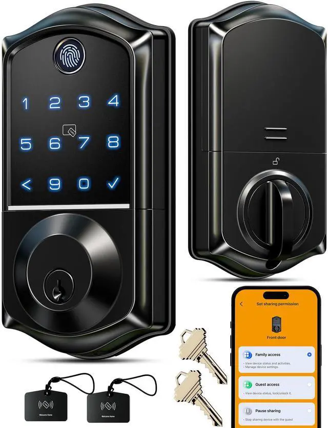 Main image of VE017 Fingerprint Smart Door Lock, App Control, 8-in-1 Keyless Entry, Auto Lock, Emergency Power Port, Electronic Touchscreen Keypad, Biometric Smart Locks for Front Door, Matte Black