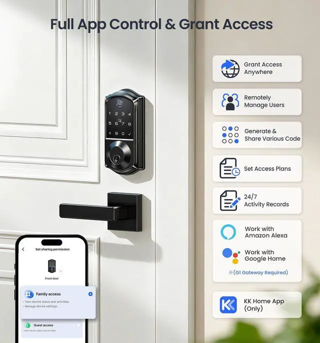 Alt view image 2 of 7 - VE017 Fingerprint Smart Door Lock, App Control, 8-in-1 Keyless Entry, Auto Lock, Emergency Power Port, Electronic Touchscreen Keypad, Biometric Smart Locks for Front Door, Matte Black