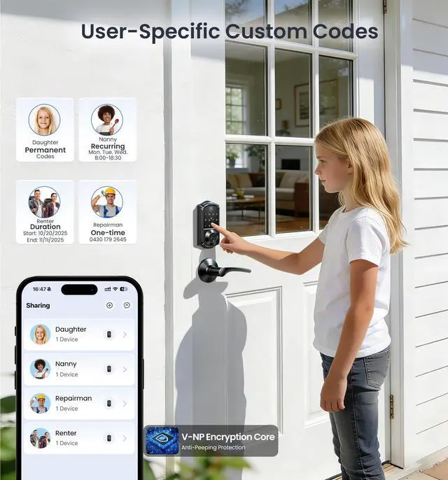 Alt view image 4 of 7 - VE017 Fingerprint Smart Door Lock, App Control, 8-in-1 Keyless Entry, Auto Lock, Emergency Power Port, Electronic Touchscreen Keypad, Biometric Smart Locks for Front Door, Matte Black
