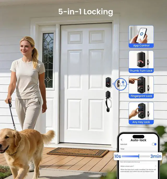 Alt view image 6 of 7 - VE017 Fingerprint Smart Door Lock, App Control, 8-in-1 Keyless Entry, Auto Lock, Emergency Power Port, Electronic Touchscreen Keypad, Biometric Smart Locks for Front Door, Matte Black