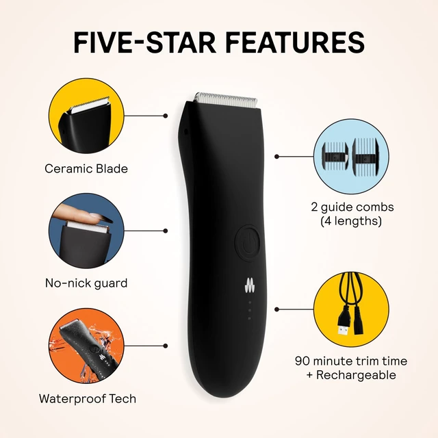 Alt view image 3 of 7 - The Trimmer Original | Body Hair Trimmer for Men & Women | Onyx | Rechargeable and Waterproof Shaver for Pubic Area, Chest, Back, Underarms and Bikini Line, with 2 Guide Combs Included