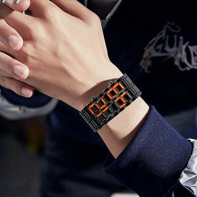 Alt view image 3 of 7 - Gosasa Men's Lava Style Stainless Steel Red Blue LED Digital Watch Black Bracelet Wristwatch