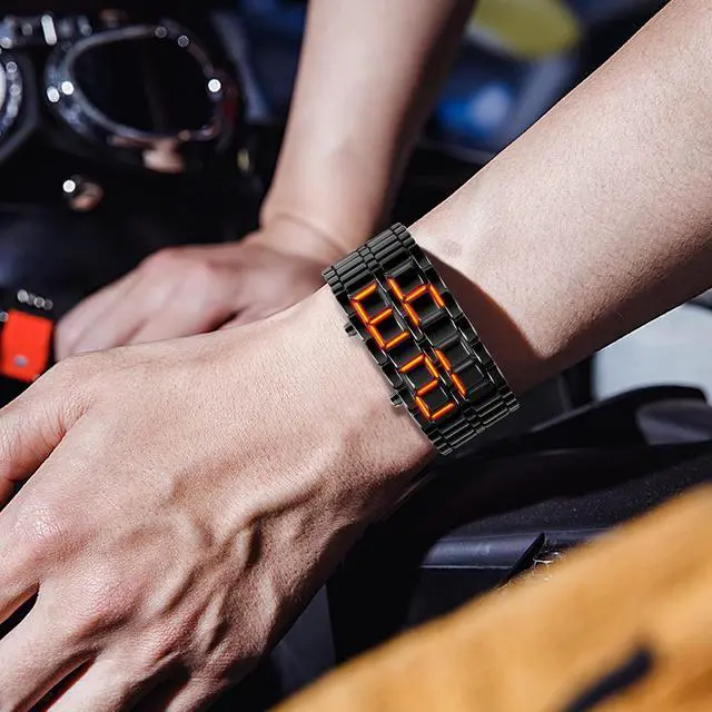 Alt view image 6 of 7 - Gosasa Men's Lava Style Stainless Steel Red Blue LED Digital Watch Black Bracelet Wristwatch