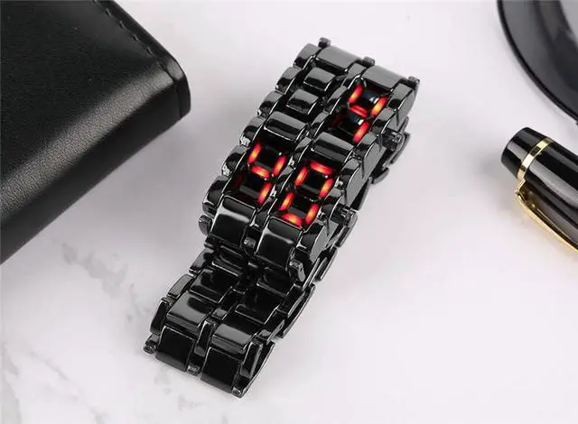 Alt view image 7 of 7 - Gosasa Men's Lava Style Stainless Steel Red Blue LED Digital Watch Black Bracelet Wristwatch