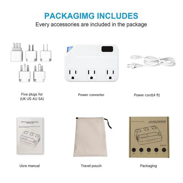 Alt view image 6 of 7 - WAUDM Universal 100V-220V Travel Converter250W Voltage Converter with 2 USB and 2 USB-C Charging Ports and 3 AC Plugs for curlers, straighteners, Included Plugs are Type A, C, D, G, I, L