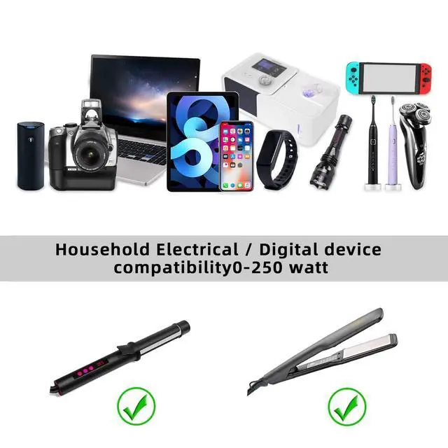 Alt view image 5 of 7 - WAUDM Universal 100V-220V Travel Converter250W Voltage Converter with 2 USB and 2 USB-C Charging Ports and 3 AC Plugs for curlers, straighteners, Included Plugs are Type A, C, D, G, I, L