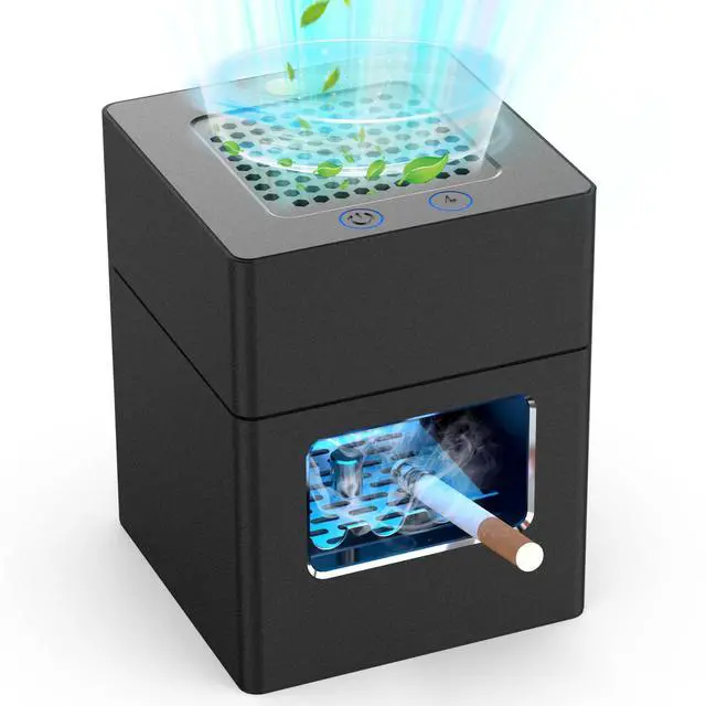 Main image of Rechargeable Mini Ashtray with Lid,Detachable Ash tray with Lighter,Aluminum Smokeless Trash Can with USB Line,Portable Ashtray with LED Blue Light (Black)