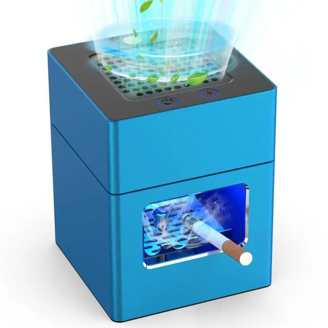 Main image of Rechargeable Mini Ashtray with Lid, Detachable Ash tray with Lighter, Aluminum Smokeless Trash Can with USB Line,Portable Ashtray with LED Blue Light (Blue)