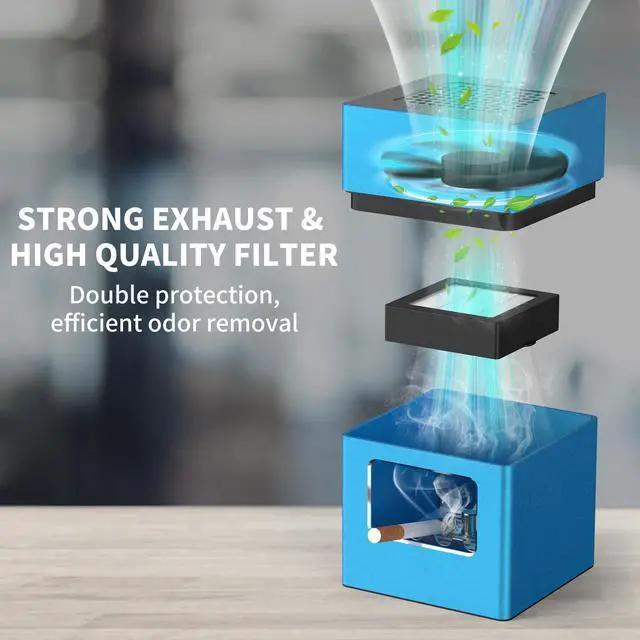 Alt view image 2 of 5 - Rechargeable Mini Ashtray with Lid, Detachable Ash tray with Lighter, Aluminum Smokeless Trash Can with USB Line,Portable Ashtray with LED Blue Light (Blue)