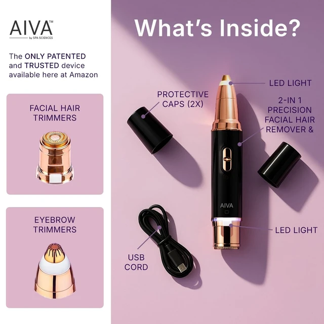 Alt view image 2 of 7 - AIVA 2-in-1 Facial Hair Remover & Eyebrow Trimmer | Double Sided, USB Rechargeable, with Built-in LED Lights for Precision Face Hair Removal