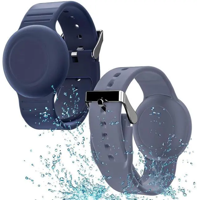 Main image of Waterproof Bracelet Compatible with Airtag (1st & 2nd Gen) for Kid, 2 Pack Soft Silicone Hidden Wristband, Lightweight Watch Band Compatible with Apple Air Tag for Child, Grey Blue & Navy Blue