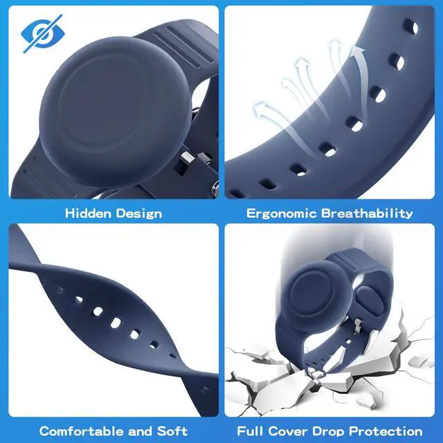 Alt view image 3 of 7 - Waterproof Bracelet Compatible with Airtag (1st & 2nd Gen) for Kid, 2 Pack Soft Silicone Hidden Wristband, Lightweight Watch Band Compatible with Apple Air Tag for Child, Grey Blue & Navy Blue