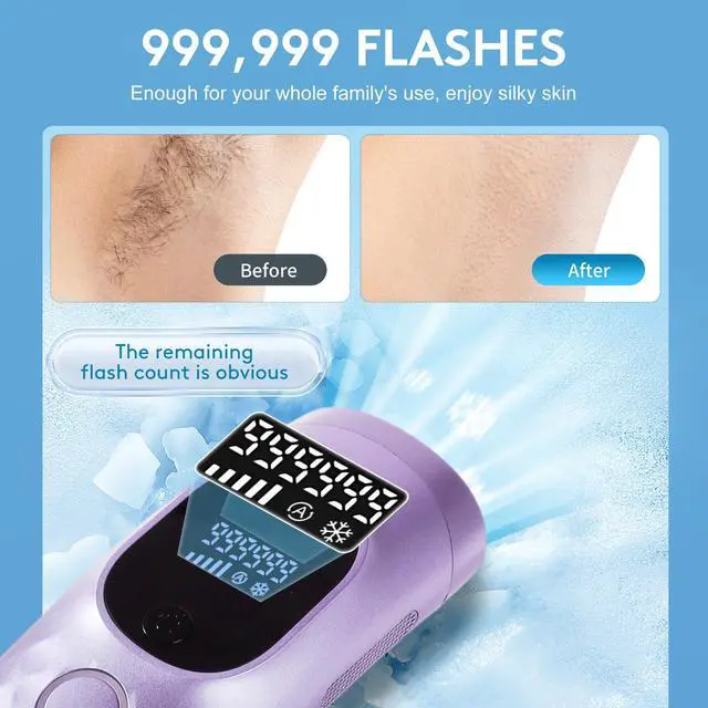 Alt view image 4 of 7 - Laser Hair Removal for Women and Men - Permanent Painless Ice Cooling IPL Device Remover Machine with Shaver, Goggles, 999,999 Flashes for Body and Face, Corded - Purple