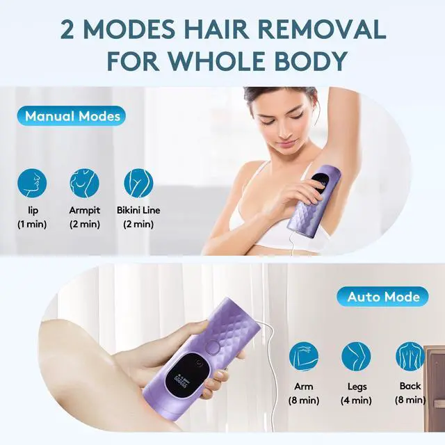 Alt view image 6 of 7 - Laser Hair Removal for Women and Men - Permanent Painless Ice Cooling IPL Device Remover Machine with Shaver, Goggles, 999,999 Flashes for Body and Face, Corded - Purple