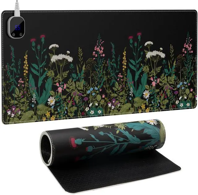 Main image of iCasso Heated Mouse Pad, XL Big Aesthetic Desk Pad with 4 Heating Levels & 4 Auto Shut-Off Levels for Computer Keyboard, 31.5" x 13" Large Safe Desk Mat Hand Warmer for Home Office Work (Weeds)