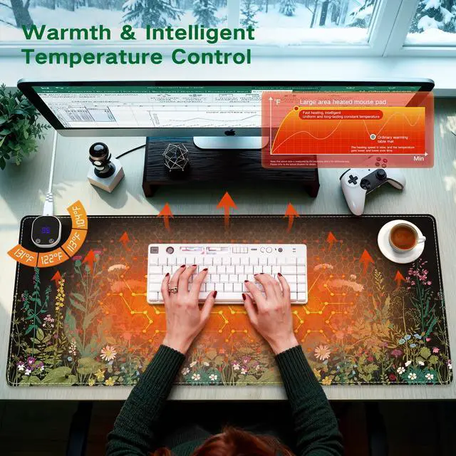 Alt view image 2 of 7 - iCasso Heated Mouse Pad, XL Big Aesthetic Desk Pad with 4 Heating Levels & 4 Auto Shut-Off Levels for Computer Keyboard, 31.5" x 13" Large Safe Desk Mat Hand Warmer for Home Office Work (Weeds)