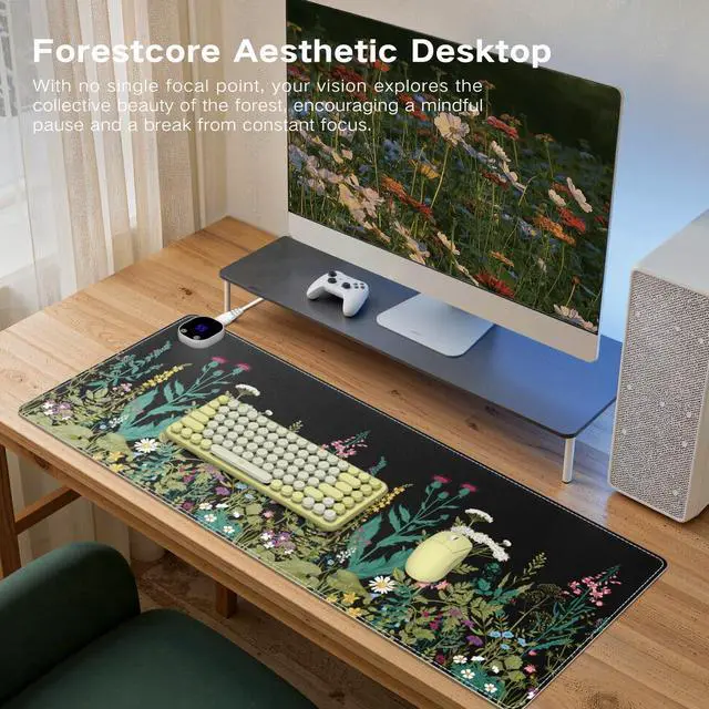 Alt view image 3 of 7 - iCasso Heated Mouse Pad, XL Big Aesthetic Desk Pad with 4 Heating Levels & 4 Auto Shut-Off Levels for Computer Keyboard, 31.5" x 13" Large Safe Desk Mat Hand Warmer for Home Office Work (Weeds)