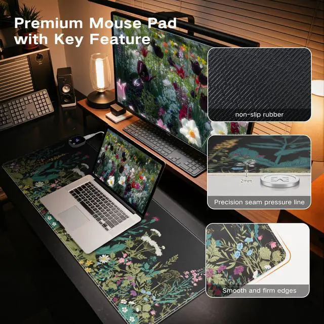 Alt view image 6 of 7 - iCasso Heated Mouse Pad, XL Big Aesthetic Desk Pad with 4 Heating Levels & 4 Auto Shut-Off Levels for Computer Keyboard, 31.5" x 13" Large Safe Desk Mat Hand Warmer for Home Office Work (Weeds)