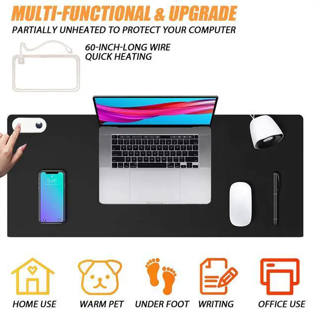 Alt view image 6 of 7 - Warm Desk Pad, Heated Mouse Pad, Keyboard Mat, Electric Heating Desk Pad with 5 Heating Levels & 3 Hours Auto Shut-Off, PU Leather Office Desk Mat, 31.5" x 13" Large (Black)